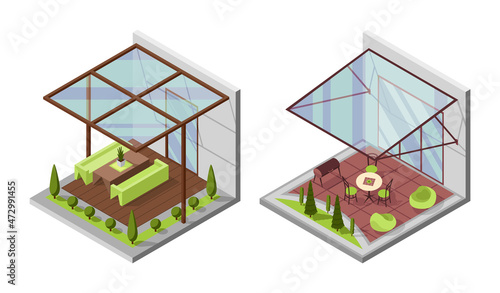 Set of inner courtyard isometric compositions with patio. Houses with a private terrace and transparent glass cover. Covered verandas for table place. Modern architecture