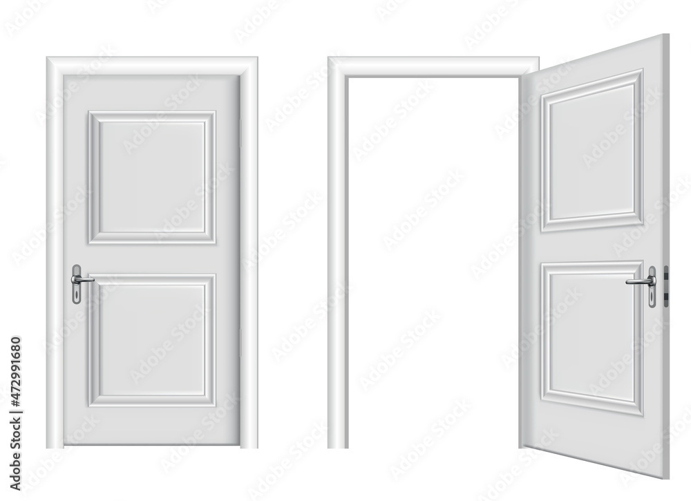 Open and closed white entrance. Realistic door isolated on white background. Clean design white door template. Decorative house element Open and closed white entrance. Realistic door isolated on white background. Clean design white door template. Decorative house element