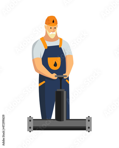 Oil petroleum industry. Engineer or oilman in professional work process isolated. Repair extraction or transportation oil and petrol on flat cartoon icon. Isolated vector illustration