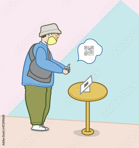 A cute man is scanning the QRcode for contacting tracing for Taiwan CDC policy before entering a shop with pink and green abstract background in cartoonish style illustration vector art design