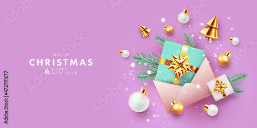 Christmas banner. Xmas background design with realistic gift boxes, golden conical Christmas trees, balls, spruce branches, falling snow. Horizontal christmas poster, greeting card, header for website
