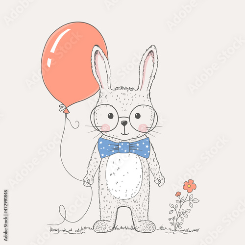 Cute little rabbit boy with balloon, bow tie, glasses