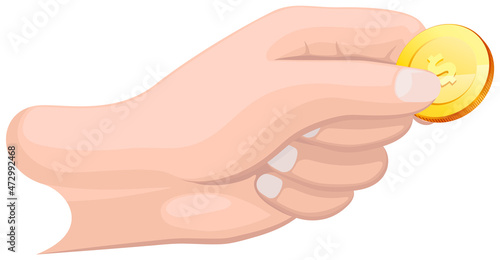Human hand with coin isolated. Realistic 3d coin. Money donation, charity, investment. Profit, income, salary increase. Hand holding gold dollar penny. Person pay with gold cent between fingers