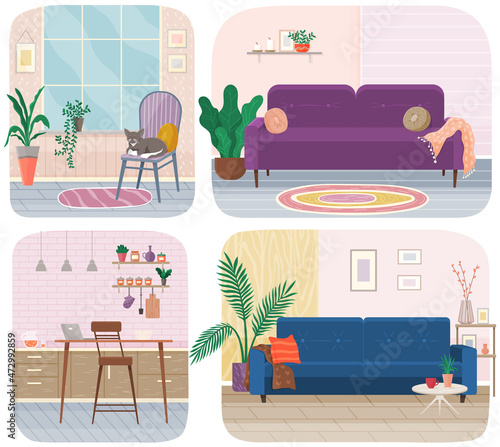 Set of illustrations on theme of interior design decoration and layout of living room. Arrangement of furniture and installation of sofa at home with various accessories in kitchen and sitting-room