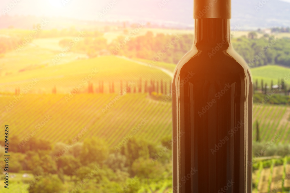 wine plantation in sunlight and a bottle of red wine,vineyards of italy,grape valleys wine plantation in sunlight and a bottle of red wine,vineyards of italy,grape valleys