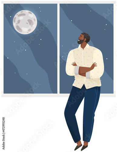 Young smiling man thinking about future and looks out window at moon and dark sky with stars. Guy sitting on windowsill, relaxes and reflects on his dream on white background at home in evening