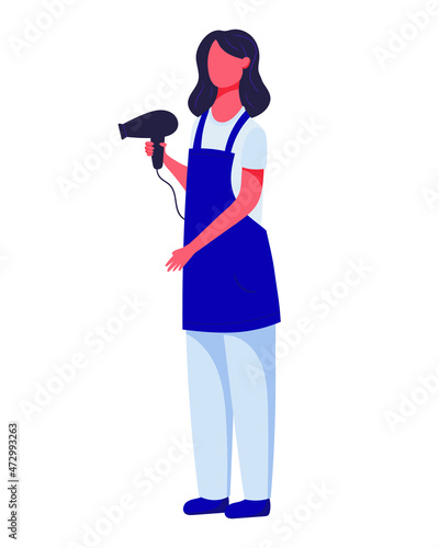 Isolated flat cartoon illustration of a master in a beauty salon. Woman hairdresser in an apron holds a hairdryer.