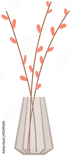 Bouquet of blooming garden plants for interior decoration in glass transparent vase vector illustration. Branches with beautiful pink flowers in vase. Elegant spring season purple bouquet holiday gift