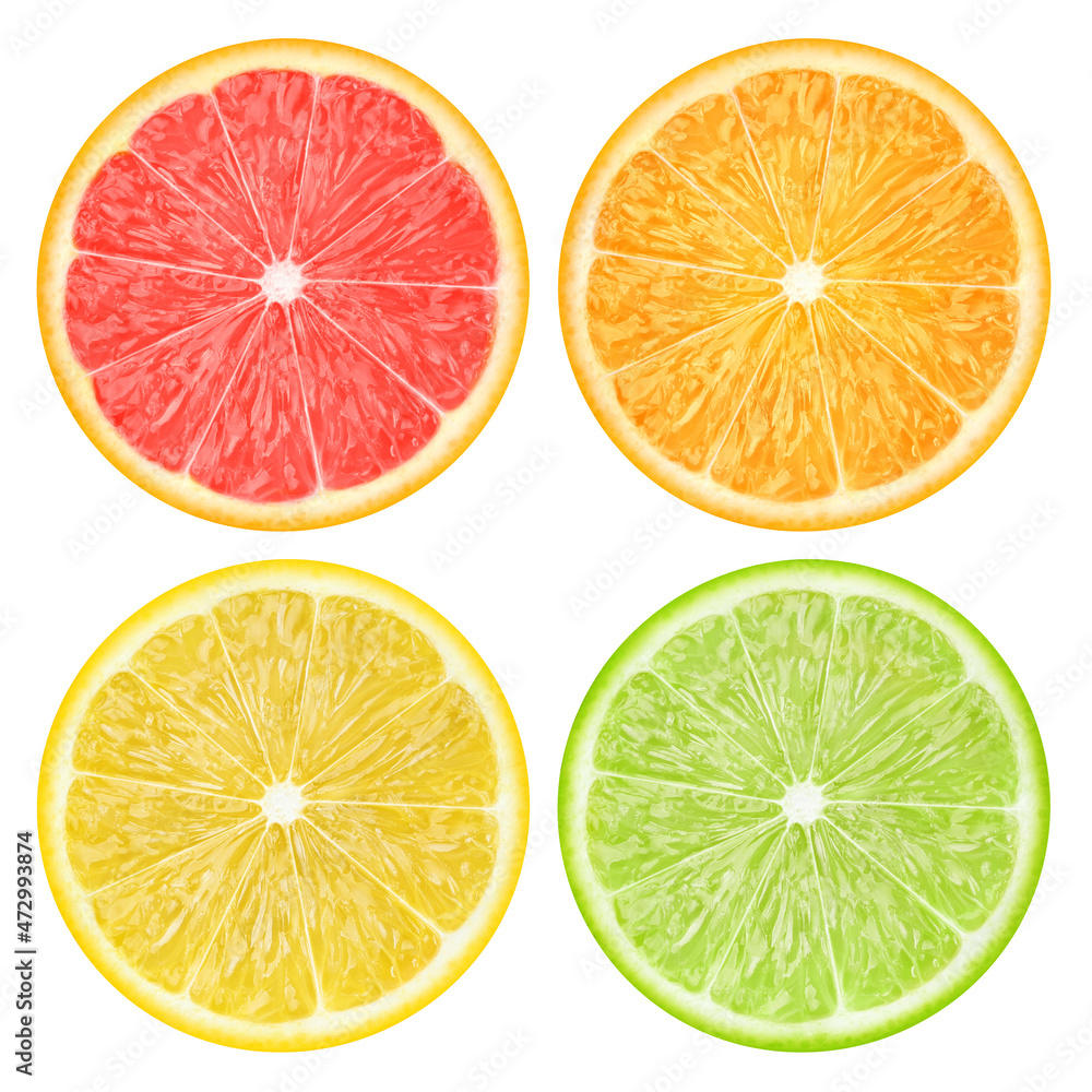 Set of grapefruit, orange, lemon and lime citrus fruits, isolated on white background