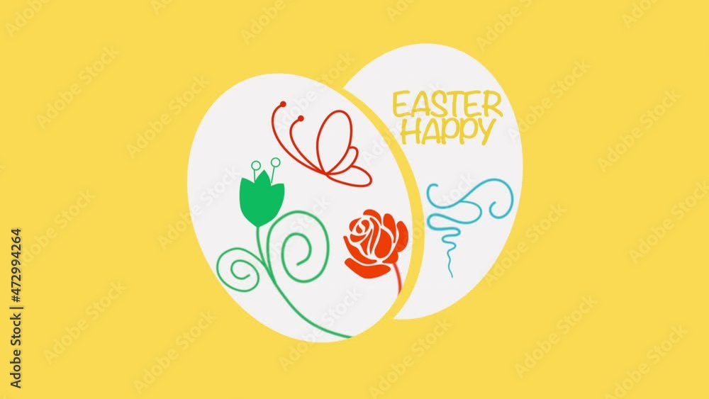 Happy Easter with eggs and flowers on yellow color, motion holidays and spring style background Happy Easter with eggs and flowers on yellow color, motion holidays and spring style background
