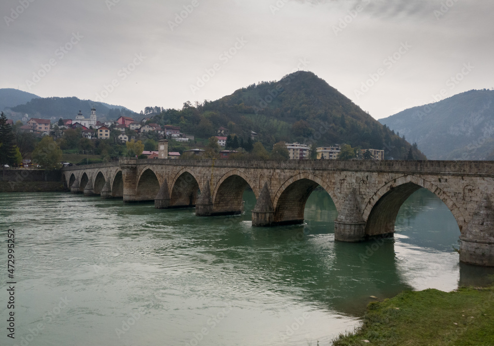 The old stone bridge of Mehmed Pasha Sokolovic over the river Drina in Visegrad