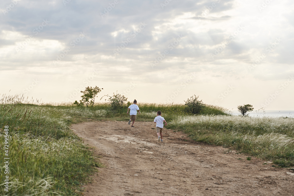 two boys are running along the road in the field. one a little older. view from the back. brothers play in nature two boys are running along the road in the field. one a little older. view from the back. brothers play in nature