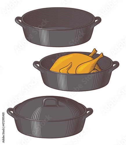 Cast iron dutch oven. Empty pot, roast chicken and pot with cap. Retro style vector illustration