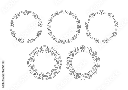 Set of black and white round decorative outline vector frames with knots and loops, isolated on white background