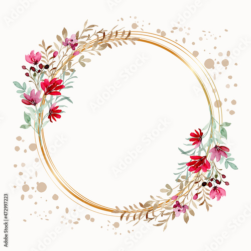 Watercolor wild flower wreath with gold circle