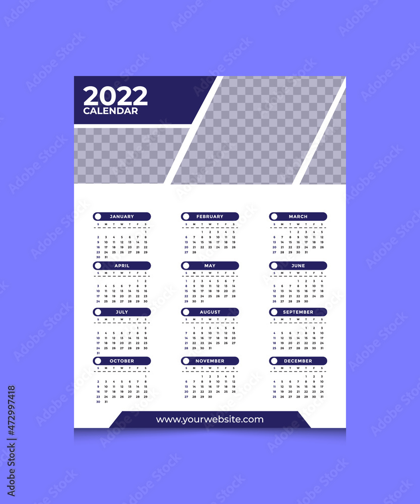 Single page calendar 2022, Calendar design for 2022. Wall calendar one page, vector design print template with place for photo and company logo. Single page calendar 2022, Calendar design for 2022. Wall calendar one page, vector design print template with place for photo and company logo.