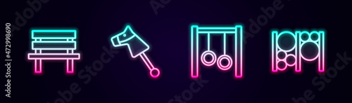 Set line Bench, Toy horse, Gymnastic rings and Playground climbing equipment. Glowing neon icon. Vector