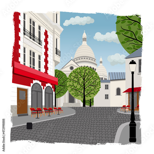 Dessin réaliste d’une rue de la butte Montmartre à Paris avec dans le fond le Sacré cœur, bâtiment historique traditionnel en France.
