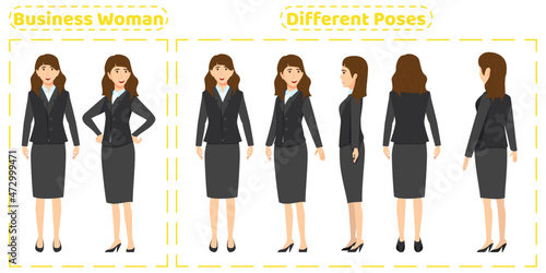 Cute business woman character set with different poses front side back view with cheerful facial expressions Animation creation isolated