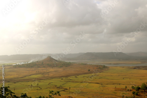 areal view of small hill is in water (lake)during monsoon season at dudhni Gujarat (India) photo