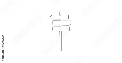 One Continuous line drawing of Road direction signpost arrows to the right and left and plate. Pointer symbol in simple liner style. Vector illustration for web banner, design template, postcard