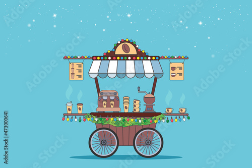Coffee cart with Christmas decoration. Street counter with a canopy, coffee machine and cups of coffee. Coffee to take away. Street cart with sale cappuccino, latte. Street food