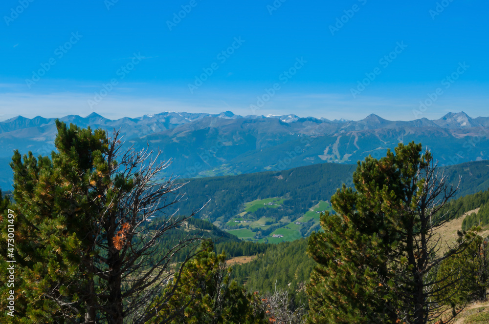 Bergige Landschaft in Österreich.  Blick von einem hochgelegenen Punkt auf  eine Gebirgskette im Vordergrund befinden sich Nadelbäume.  Sonniger Herbsttag