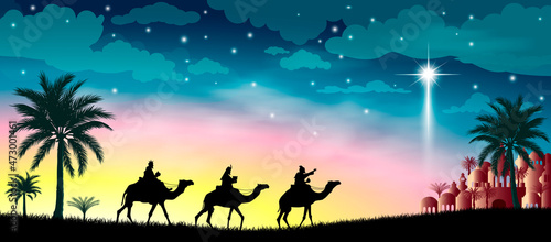 Leinwand Poster The three wise men follow the guiding star to Bethlehem