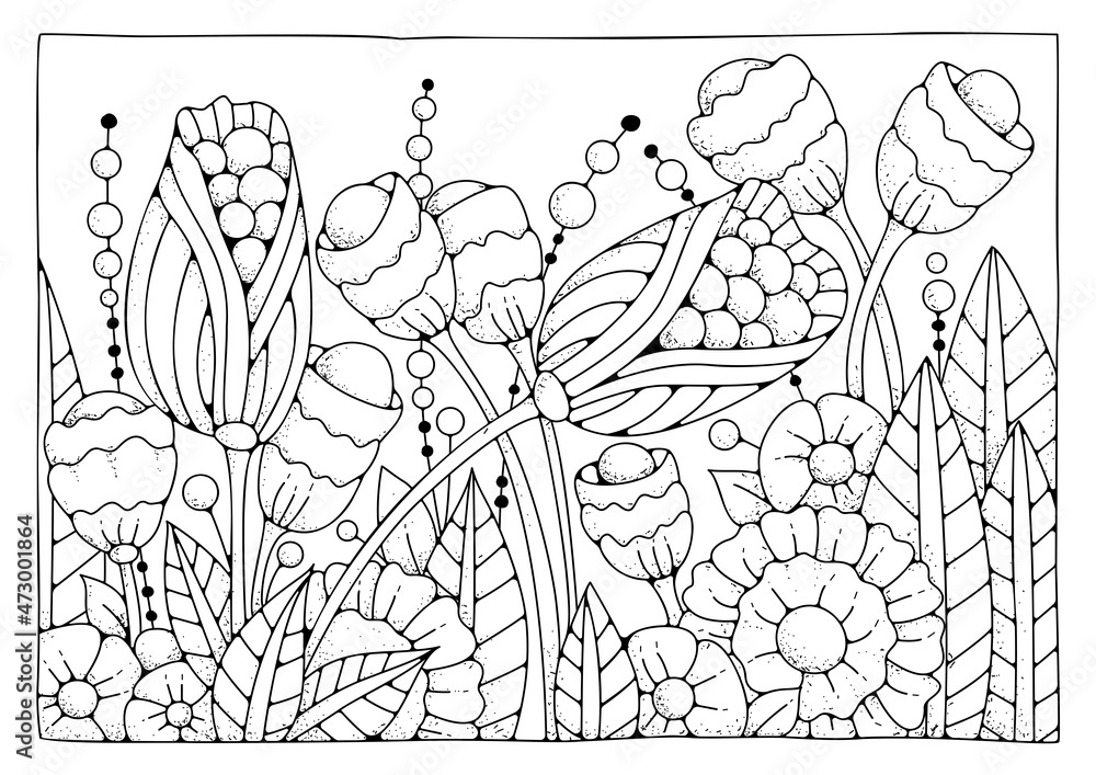 Magic garden coloring page. Black and white background for coloring. Art therapy for children and adults. Art line vector illustration. Magic garden coloring page. Black and white background for coloring. Art therapy for children and adults. Art line vector illustration.