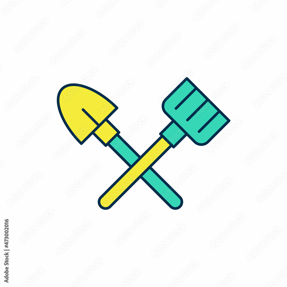 Filled outline Shovel and rake icon isolated on white background. Tool for horticulture, agriculture, gardening, farming. Ground cultivator. Vector Filled outline Shovel and rake icon isolated on white background. Tool for horticulture, agriculture, gardening, farming. Ground cultivator. Vector