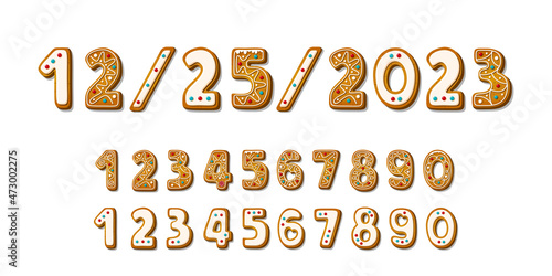 Sweet biscuit numbers and Gingerbread cookie numeral. Glazed crackers in shape of sign date in cartoon style isolated on white background. Vector illustration