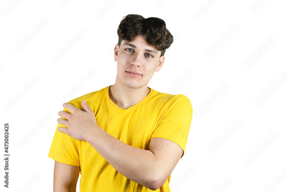 Portrait of a calm, balanced teenager boy on a white background, he has a beautiful smile, he inspires confidence, the next trip to the church calms him down and gives hope Portrait of a calm, balanced teenager boy on a white background, he has a beautiful smile, he inspires confidence, the next trip to the church calms him down and gives hope