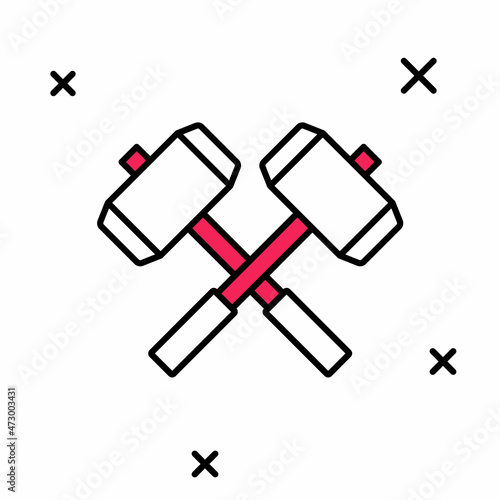 Filled outline Medieval crossed battle hammers icon isolated on white background. Vector