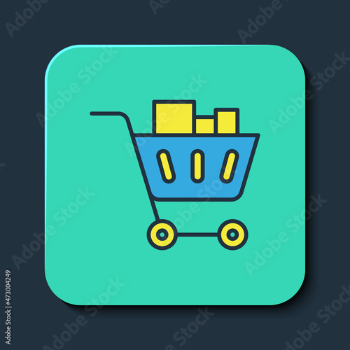 Filled outline Shopping cart and food icon isolated on blue background. Food store, supermarket. Turquoise square button. Vector