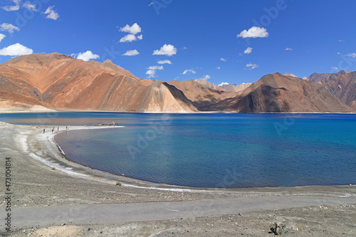 Mountains and Pangong tso (Lake). It is huge lake in Ladakh, shared by China and India along India China LOC border , long and extends from India to Tibet. Leh, Ladakh, Jammu and Kashmir, India