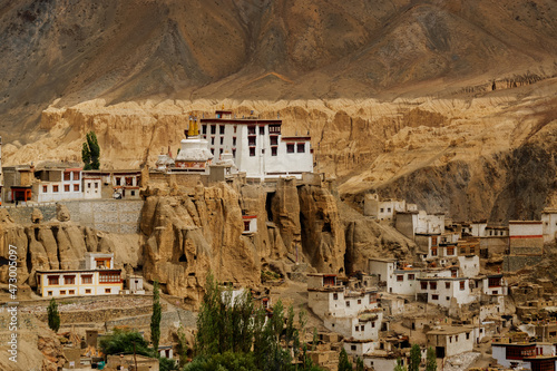 Lamayuru monastery with view of moonland in background,Ladakh,Jammu and Kashmir, India