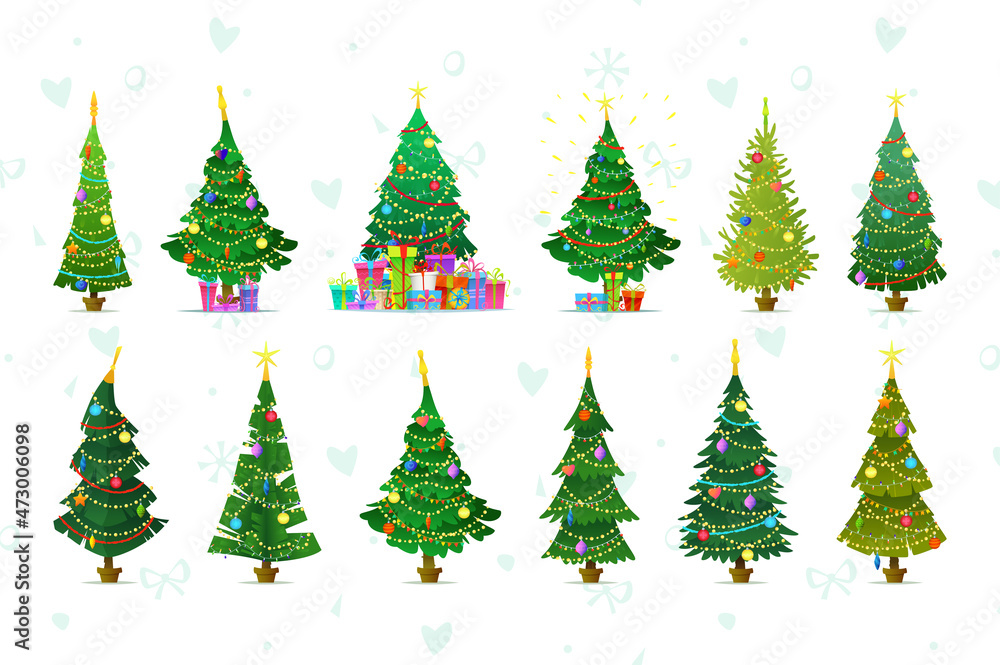 A variety of vector holiday trees, decorated with garlands and Christmas decorations, balls, gifts