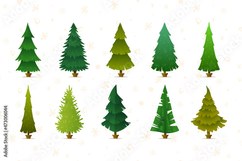Different types of Christmas trees on a white background with a pattern of snowflakes, circles
