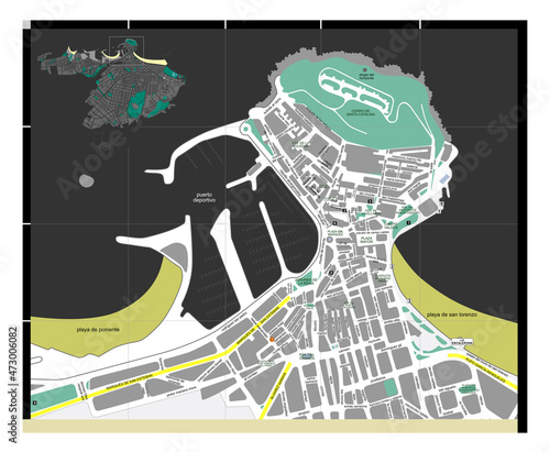 Detailed city centre street map of Gijon city, Asturias, North of Spain. Vector illustration.