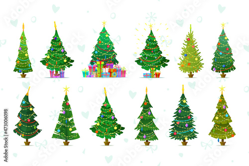 A variety of vector holiday trees, decorated with garlands and Christmas decorations, balls, gifts