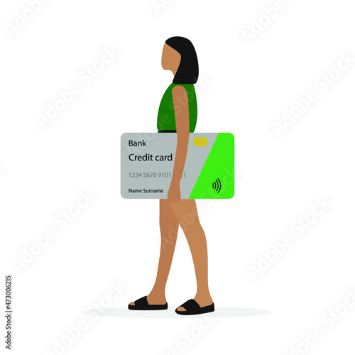 Young female character with huge credit card in hand stands on white background