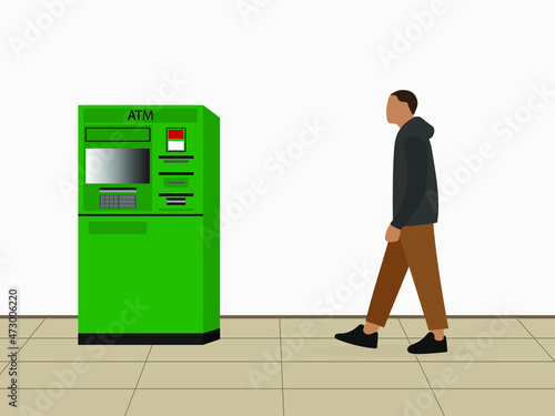 Male character walking to an ATM machine indoors