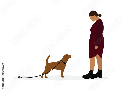 Female character and dog with collar and leash looking at each other on white background