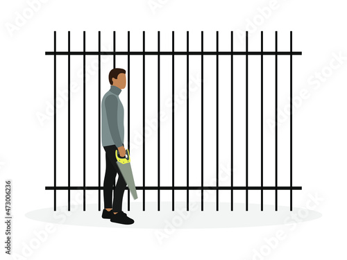 Male character with a saw in hand stands in front of an iron grate on a white background