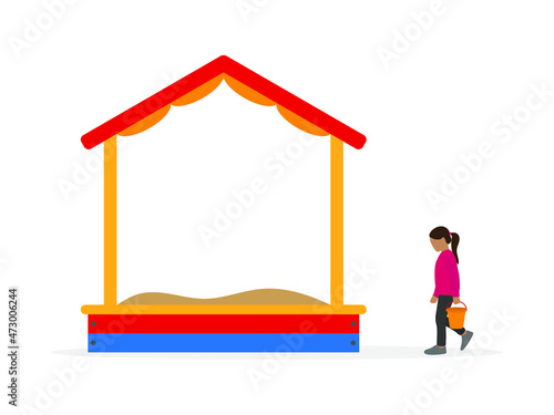 Girl with a toy bucket in hand goes to the sandbox on a white background