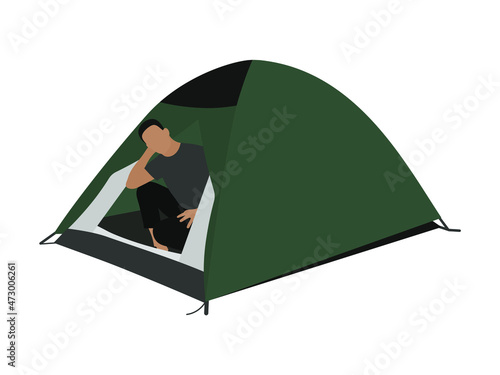 Male character sitting in tent on white background