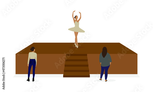 Two female characters look at a ballerina dancing on stage on a white background