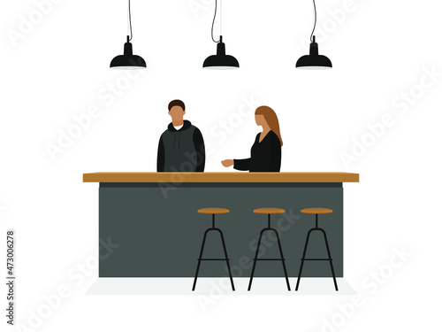 Female character saying something to male character at the bar table isolated on white background