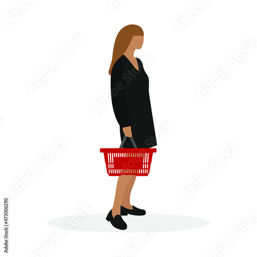 Female character with an empty grocery basket in hand stands on a white background