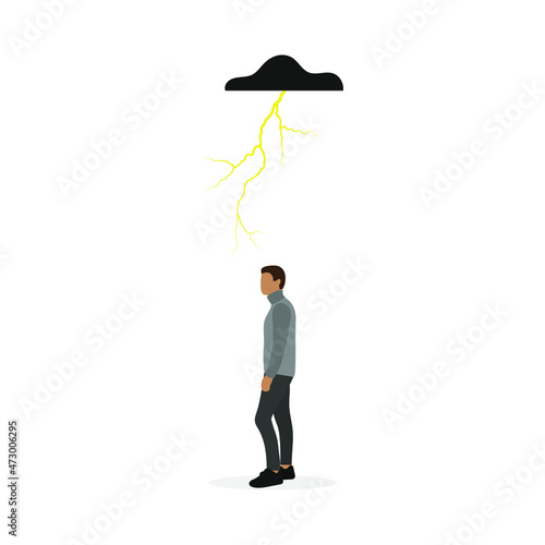 Male character standing under a black cloud with lightning on a white background